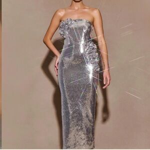 Meshki Glittering Silver Strapless Dress
